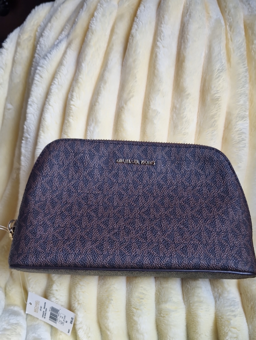 Michael Kors Brown Logo Print Cosmetic Case with Gold Hardware